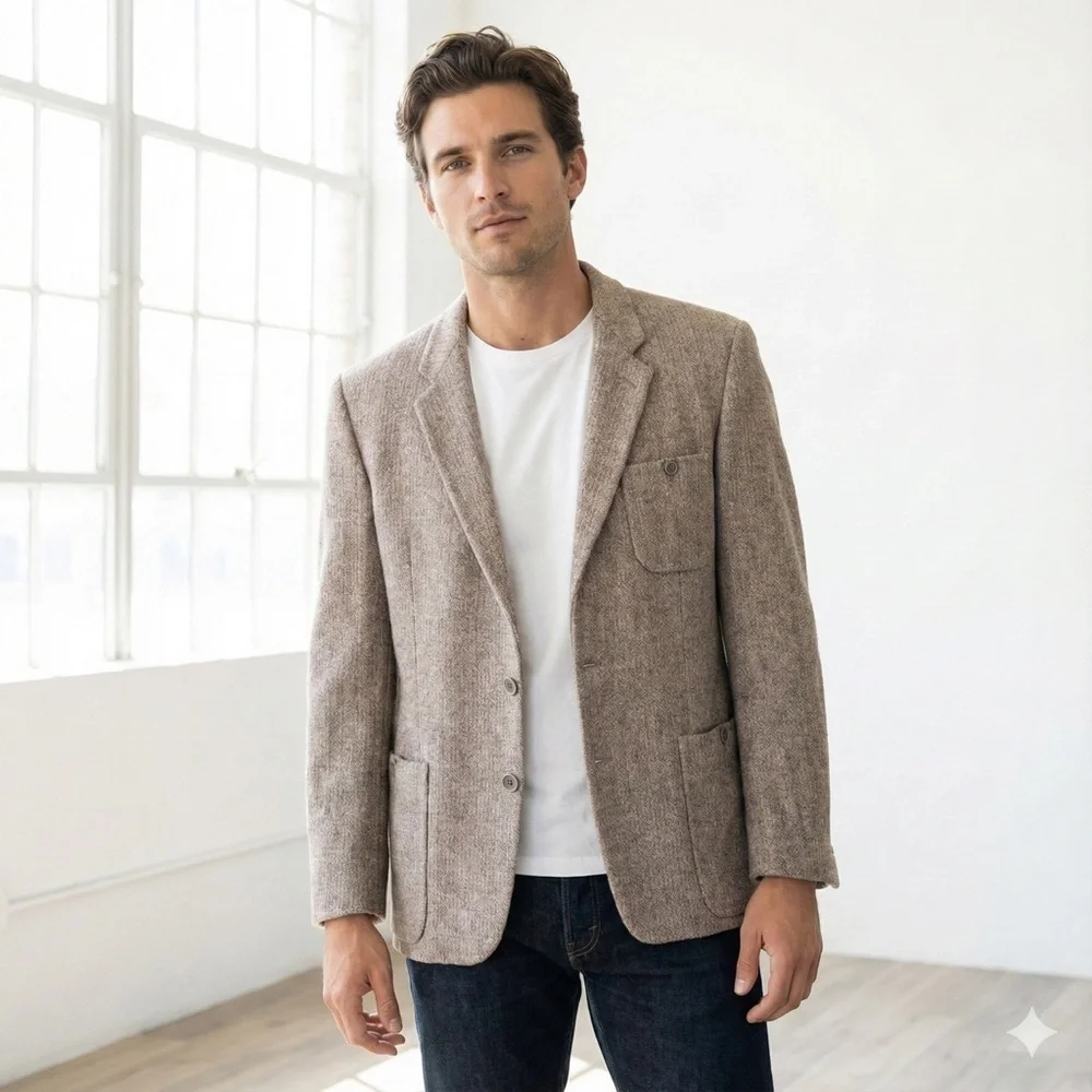 Vintage Guy Laroche Monsieur Paris tan wool tweed blazer - 40 Regular (40R) - Picture 1 of 8